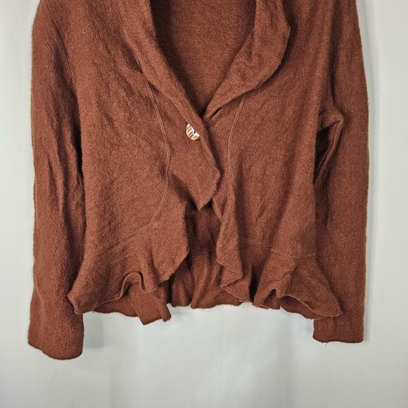 EVAN PICONE Ruffled Wool Cardigan Sweater Medium Petite Brick Rust Brown VNeck - Picture 3 of 6